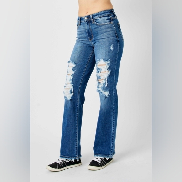 Judy Blue MR Dark Wash Straight Fit Dad Jeans Stretch Distressed 7/28 9/29 NEW - Picture 4 of 16
